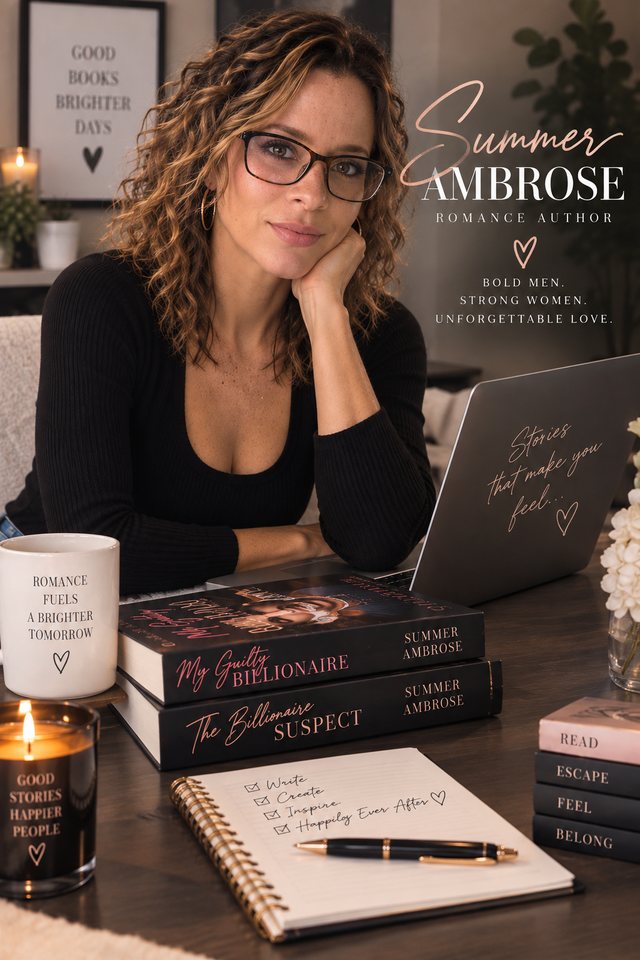 Summer Ambrose at her desk, surrounded by her novels and candlelight